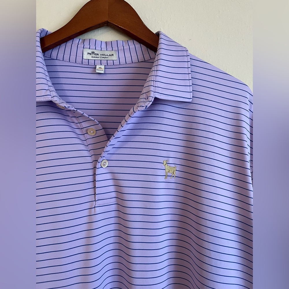 EUC Peter Millar Purple Striped Golf Polo with Golden Goat Logo